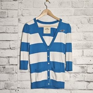 Hollister Women's Blue and White Striped Button Up Cardigan
